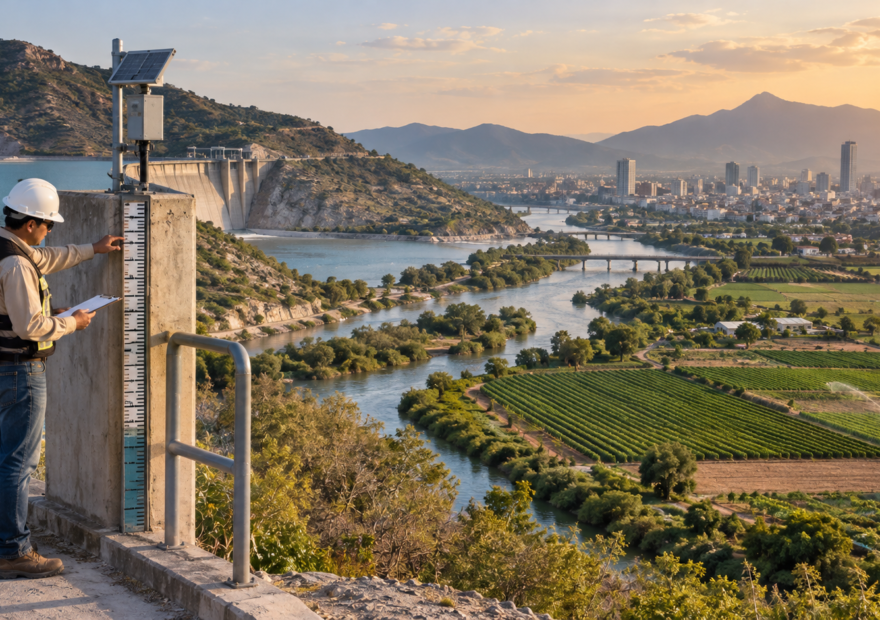 Vista aérea de una cuenca mexicana con una ciudad, cultivos y una planta de tratamiento de agua.