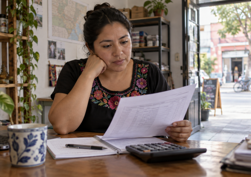 Pequeña empresaria revisa un calendario de pagos y calcula el costo de un crédito en su local.