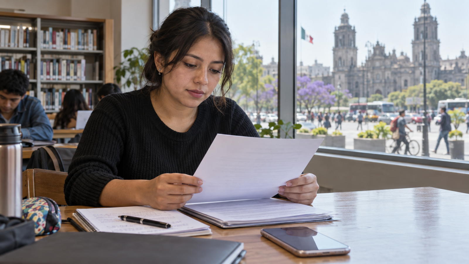 Joven revisa una solicitud de empleo y sus notas en una biblioteca pública de la Ciudad de México.