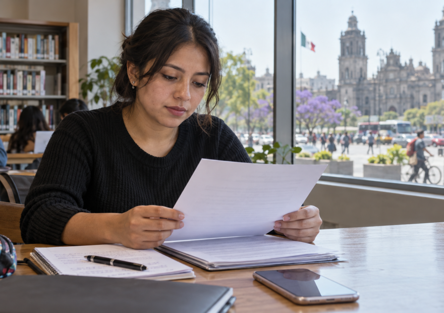 Joven revisa una solicitud de empleo y sus notas en una biblioteca pública de la Ciudad de México.