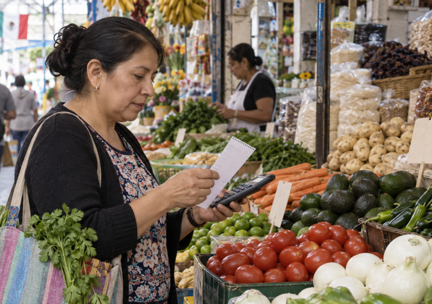 Consumidora compara precios y revisa una lista de compras en un mercado de la Ciudad de México.