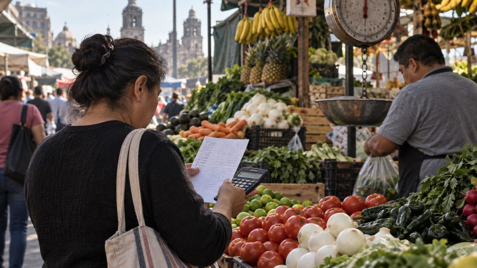 Una consumidora compara una lista y usa una calculadora frente a un puesto de frutas en un mercado mexicano.