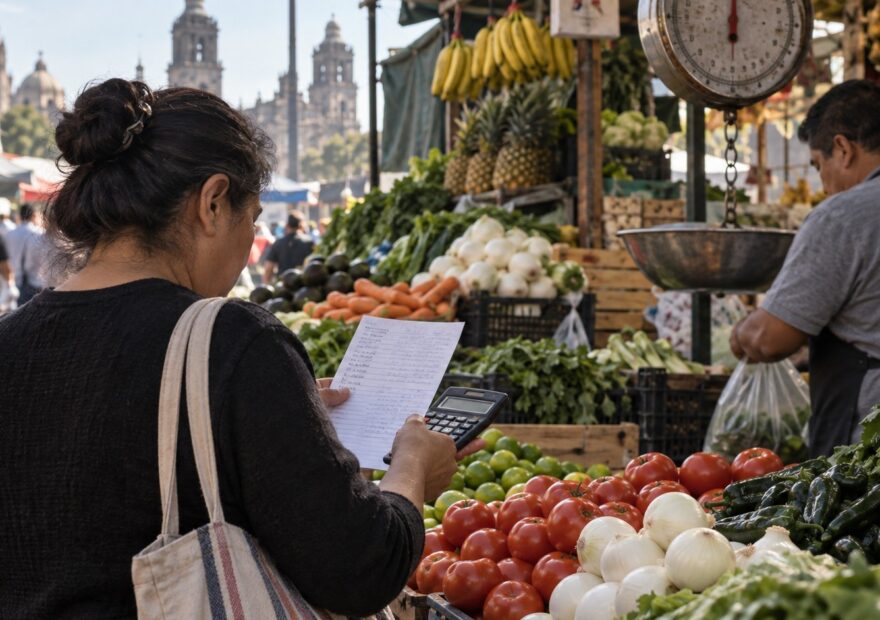 Una consumidora compara una lista y usa una calculadora frente a un puesto de frutas en un mercado mexicano.