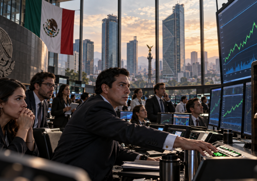 Vista editorial de un centro financiero mexicano con pantallas bursátiles y operadores observando el cierre positivo del mercado, sin texto ni logotipos.