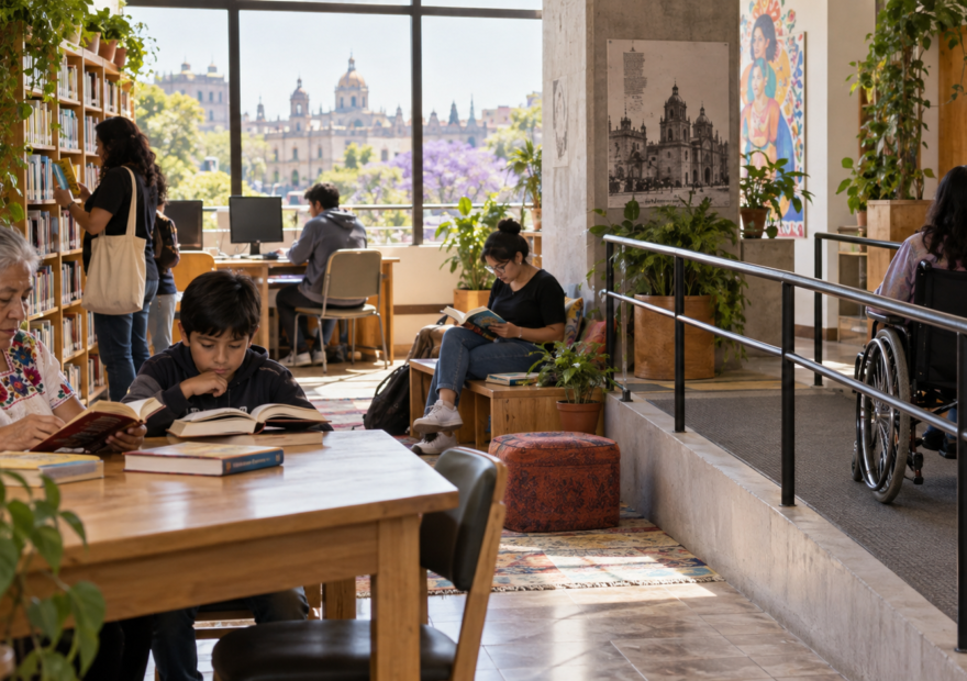 Vecinos leen y usan computadoras en una biblioteca pública de barrio en la Ciudad de México.