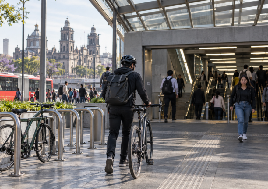 Ciclista llega a una estación de transporte público de la Ciudad de México durante la mañana.