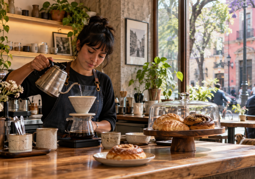 Cafetería de barrio en la Ciudad de México con café servido en cerámica y una calle urbana al fondo.