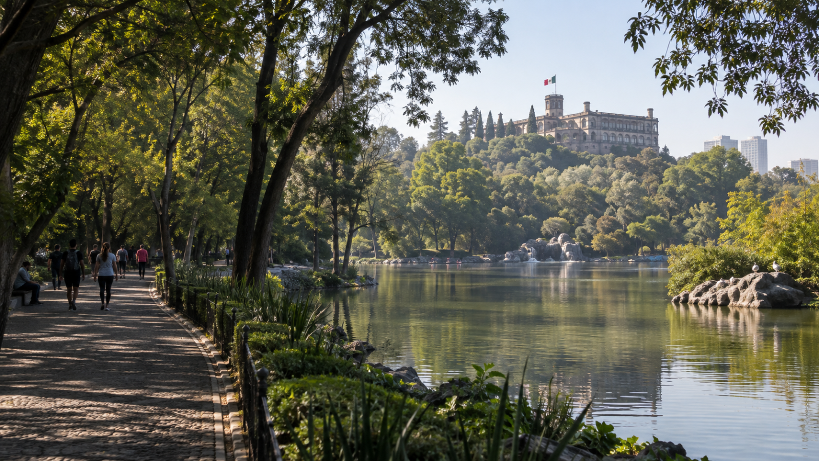 Sendero arbolado del Bosque de Chapultepec con el lago y el castillo al fondo en la Ciudad de México.