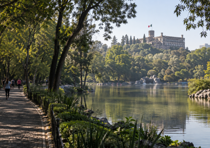 Sendero arbolado del Bosque de Chapultepec con el lago y el castillo al fondo en la Ciudad de México.