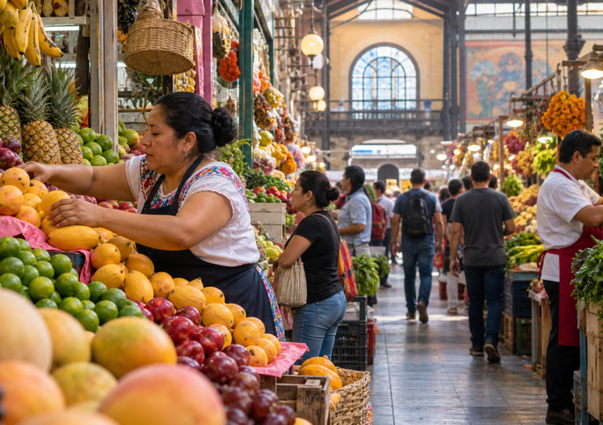 Mercado público de la Ciudad de México con puestos y visitantes