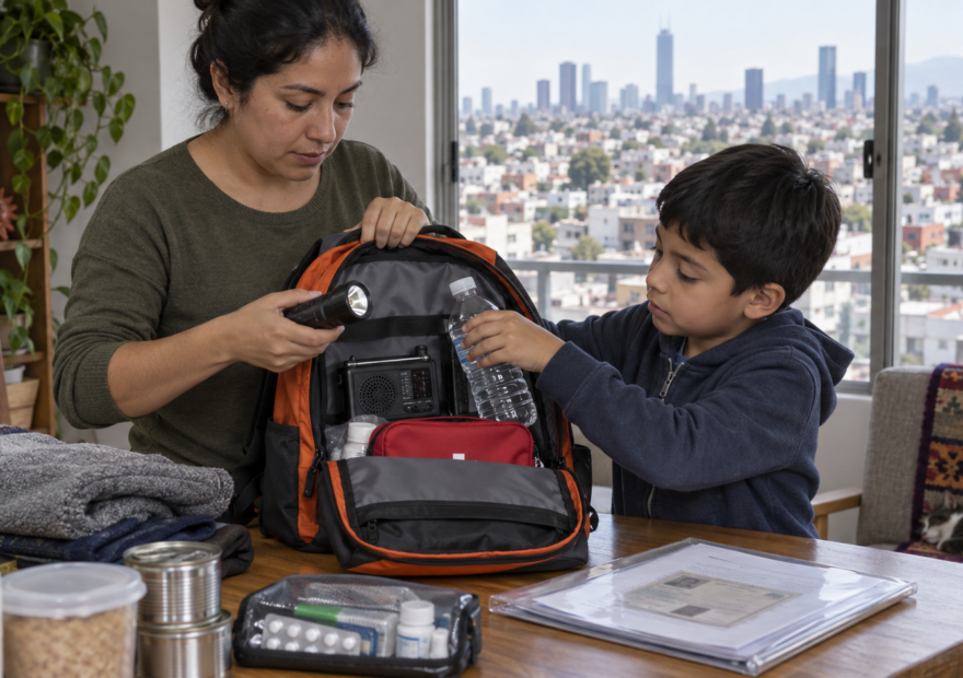 Una adulta y un niño organizan una mochila con linterna, radio y agua en un hogar de CDMX.