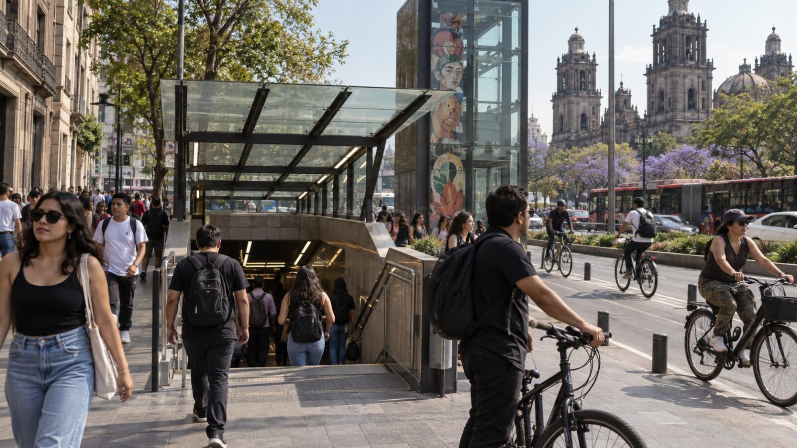 Lluvia intensa sobre una avenida de la Ciudad de México mientras peatones buscan una zona segura y se encienden las luces.