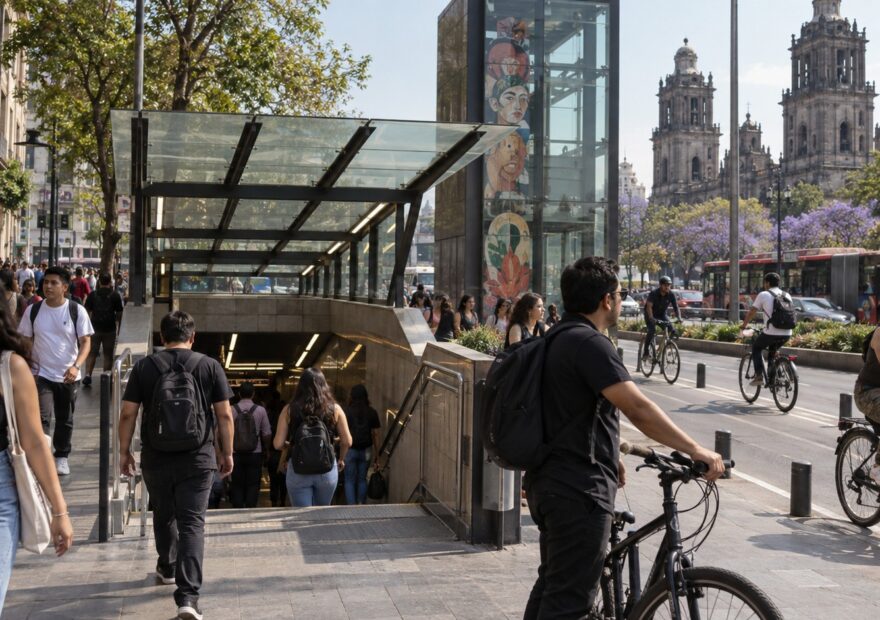 Lluvia intensa sobre una avenida de la Ciudad de México mientras peatones buscan una zona segura y se encienden las luces.