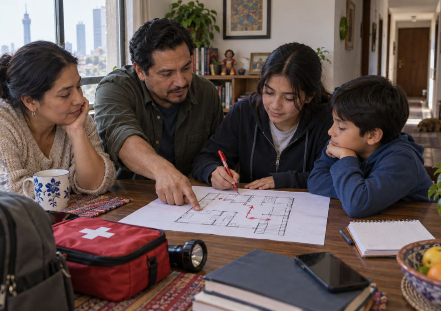 Una familia revisa un croquis y acuerda rutas de salida dentro de su departamento.