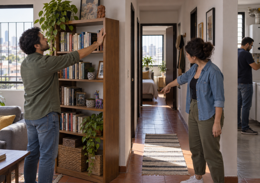Una persona fija una repisa mientras otra comprueba que el pasillo de su vivienda esté despejado.