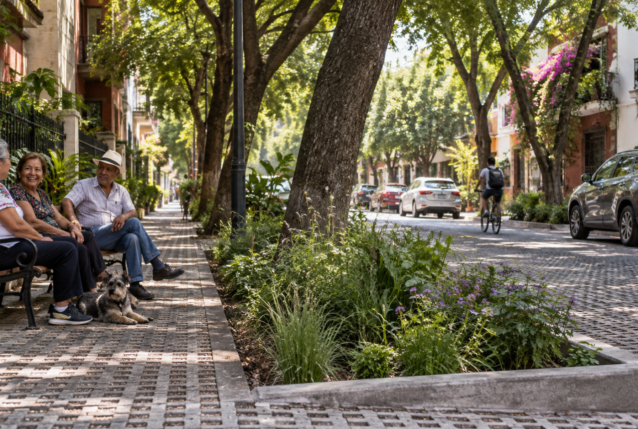 Vecinos caminan bajo árboles jóvenes en una calle de la Ciudad de México con superficies permeables.