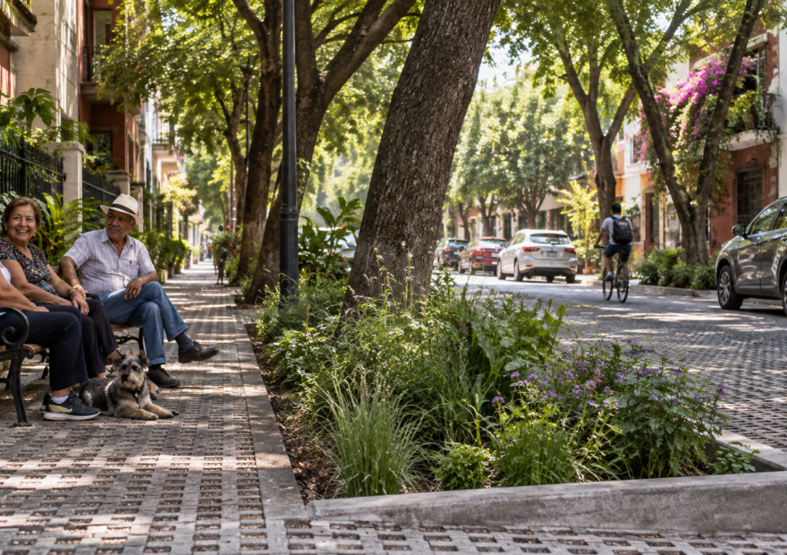 Vecinos caminan bajo árboles jóvenes en una calle de la Ciudad de México con superficies permeables.