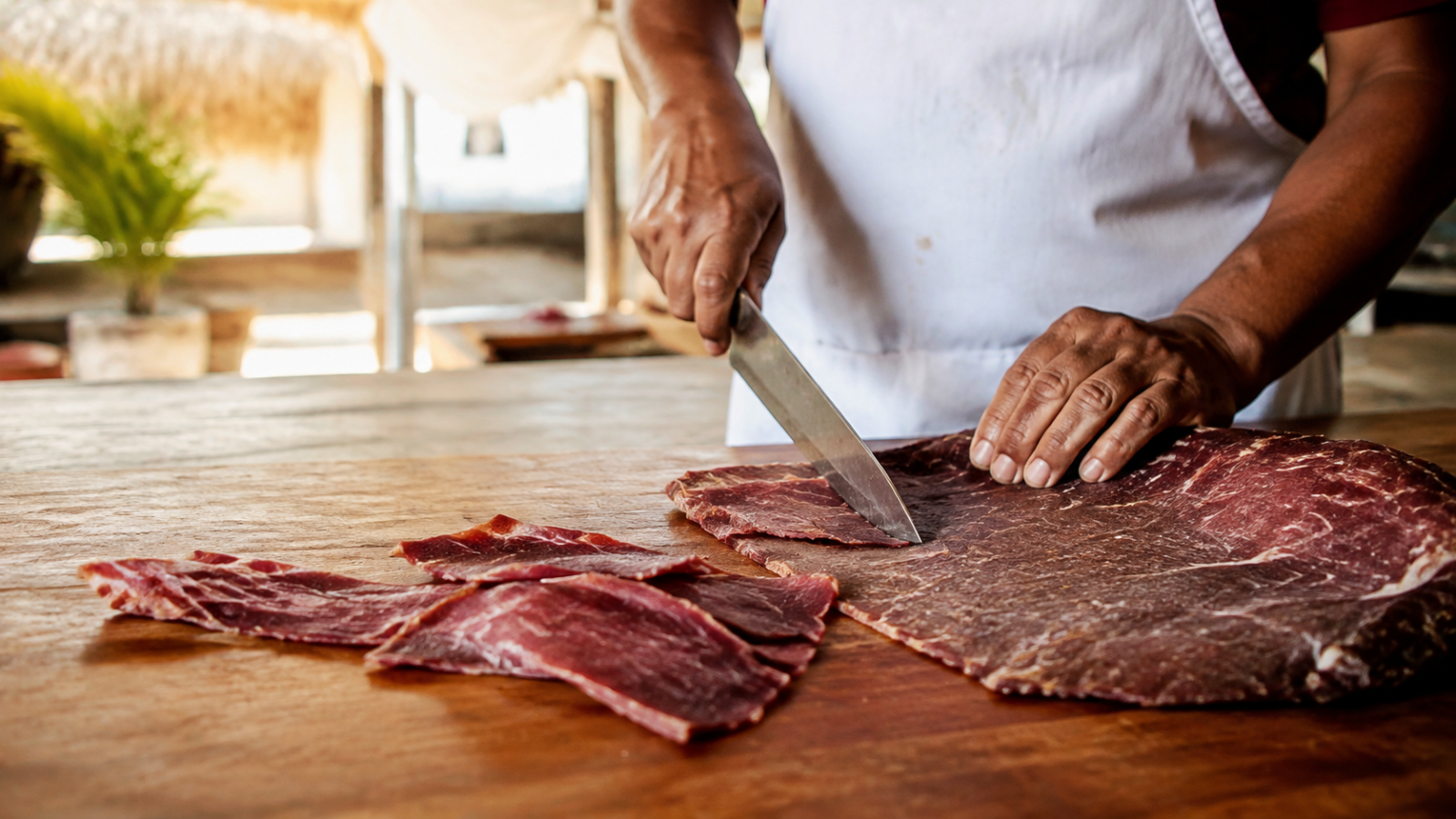 Maestro tasajeador corta cecina artesanal de Yecapixtla sobre una mesa de madera