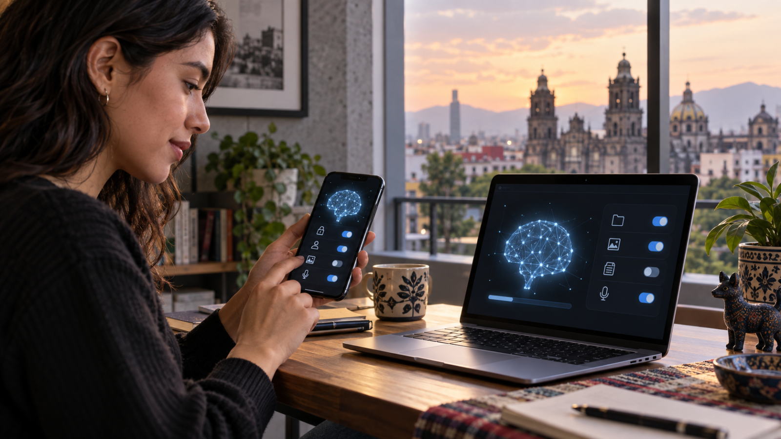 Teléfono y computadora ejecutan un modelo de inteligencia artificial local junto a un indicador de privacidad.