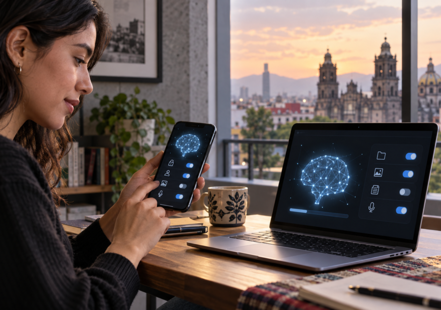 Teléfono y computadora ejecutan un modelo de inteligencia artificial local junto a un indicador de privacidad.