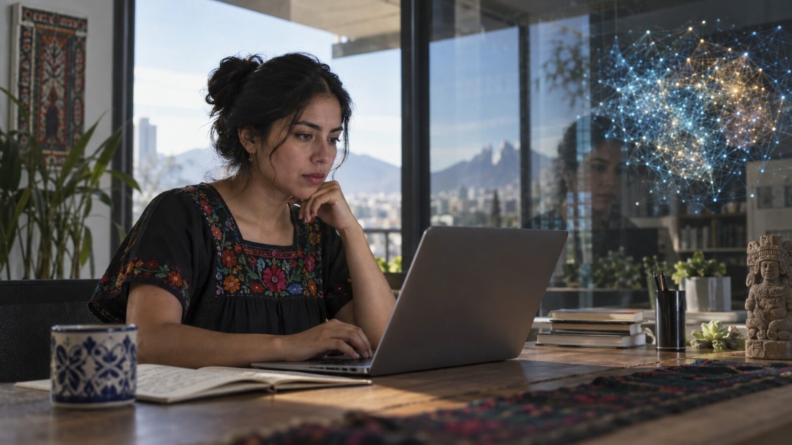 Usuario revisa permisos y controles de privacidad en un teléfono frente a una laptop en un escritorio nocturno.