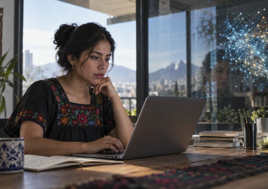 Usuario revisa permisos y controles de privacidad en un teléfono frente a una laptop en un escritorio nocturno.