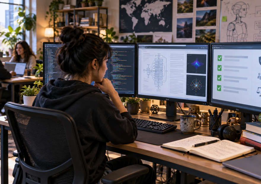 Desarrollador prueba un modelo de inteligencia artificial abierto en una computadora con código y documentación.