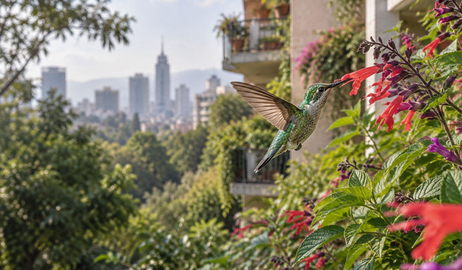 Colibrí de plumaje verde se alimenta de una flor roja en un jardín urbano con edificios de la Ciudad de México al fondo.