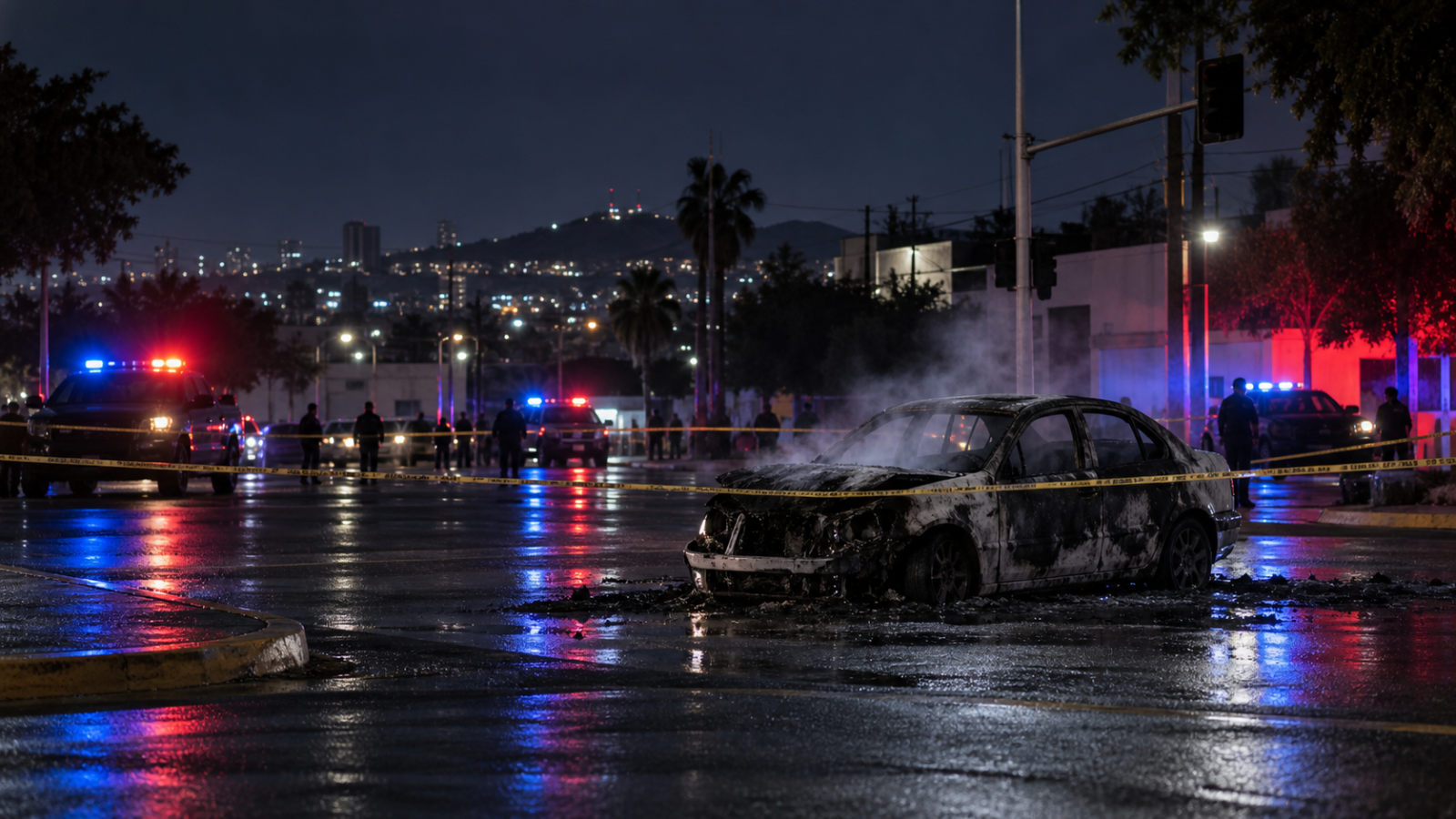Calle de Culiacán acordonada por autoridades durante un reporte nocturno de seguridad, con un automóvil calcinado y luces de emergencia al fondo.
