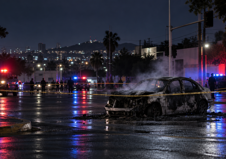Calle de Culiacán acordonada por autoridades durante un reporte nocturno de seguridad, con un automóvil calcinado y luces de emergencia al fondo.