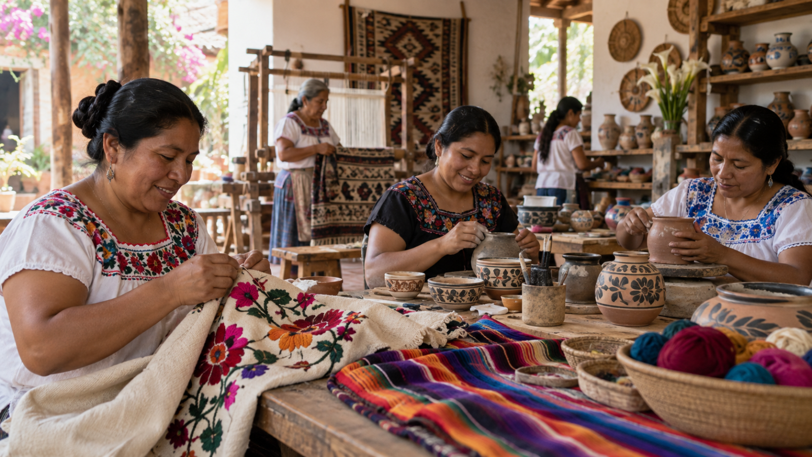 Artesanas organizan piezas textiles y cerámicas en un taller cooperativo mexicano.
