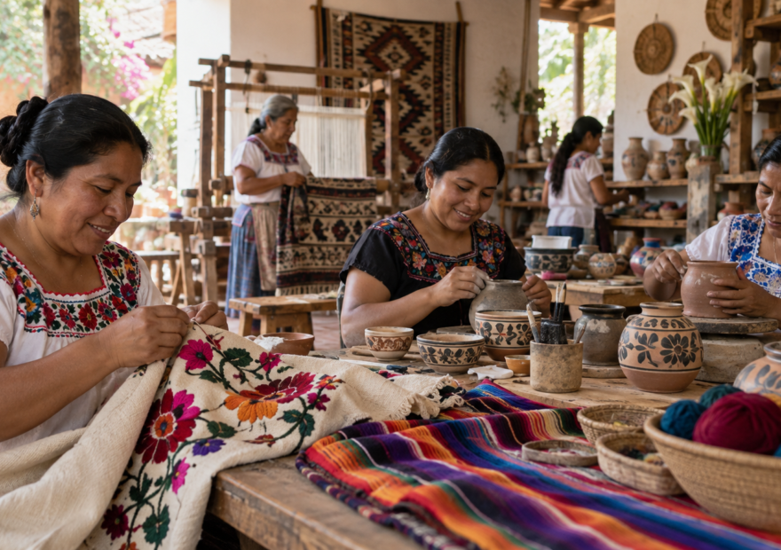 Artesanas organizan piezas textiles y cerámicas en un taller cooperativo mexicano.