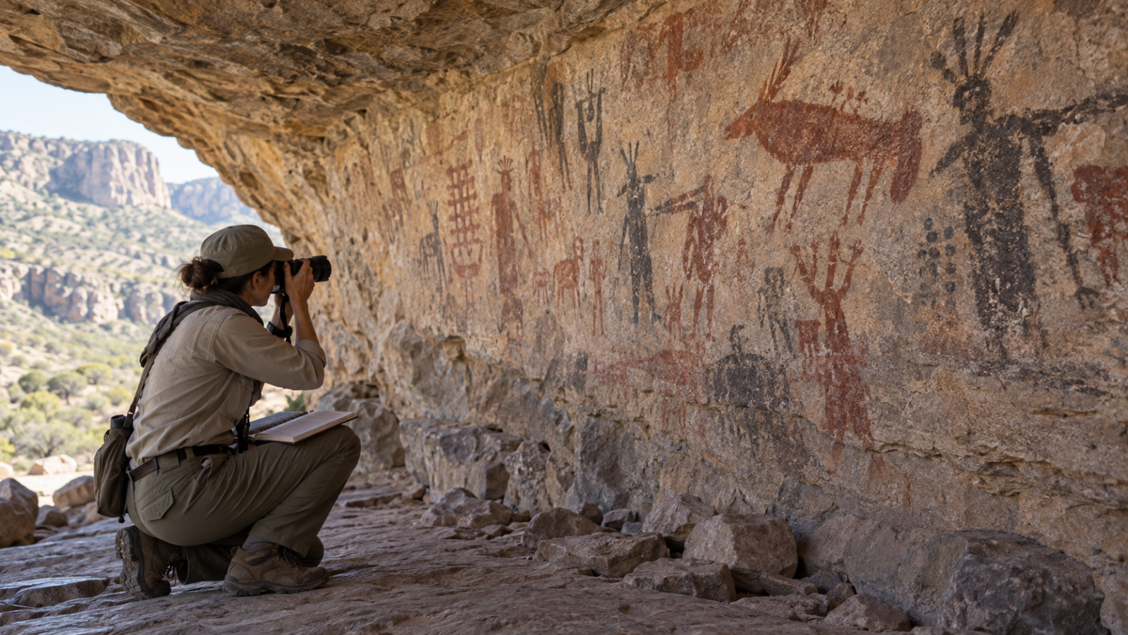 Una especialista documenta pinturas rupestres desde una distancia prudente dentro de una cueva.