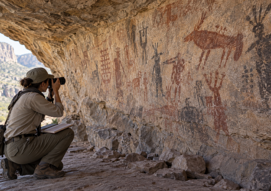 Una especialista documenta pinturas rupestres desde una distancia prudente dentro de una cueva.