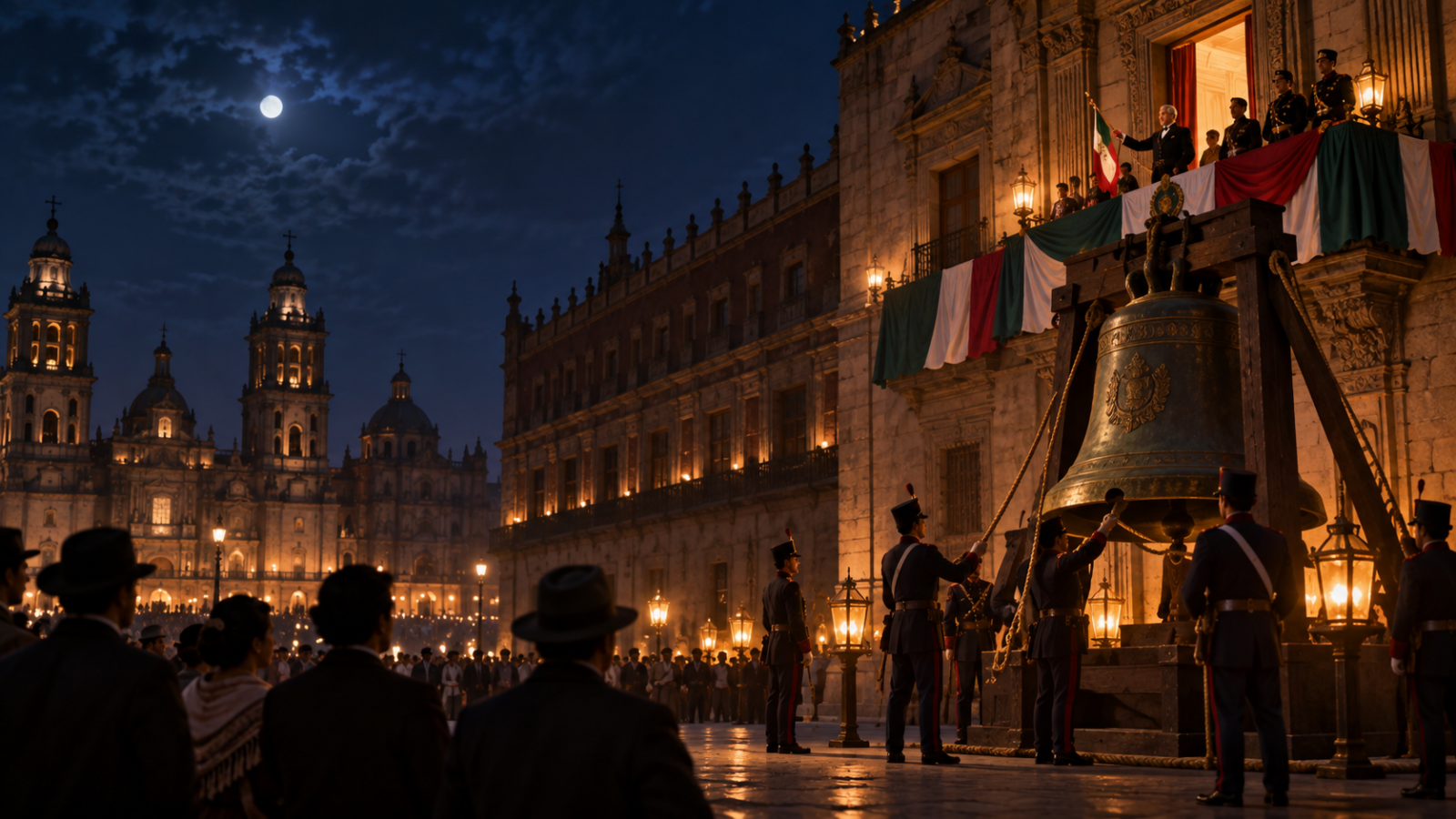 Ilustración nocturna de una ceremonia histórica en el Zócalo con una campana frente a Palacio Nacional.