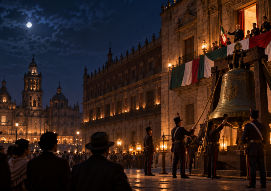 Ilustración nocturna de una ceremonia histórica en el Zócalo con una campana frente a Palacio Nacional.