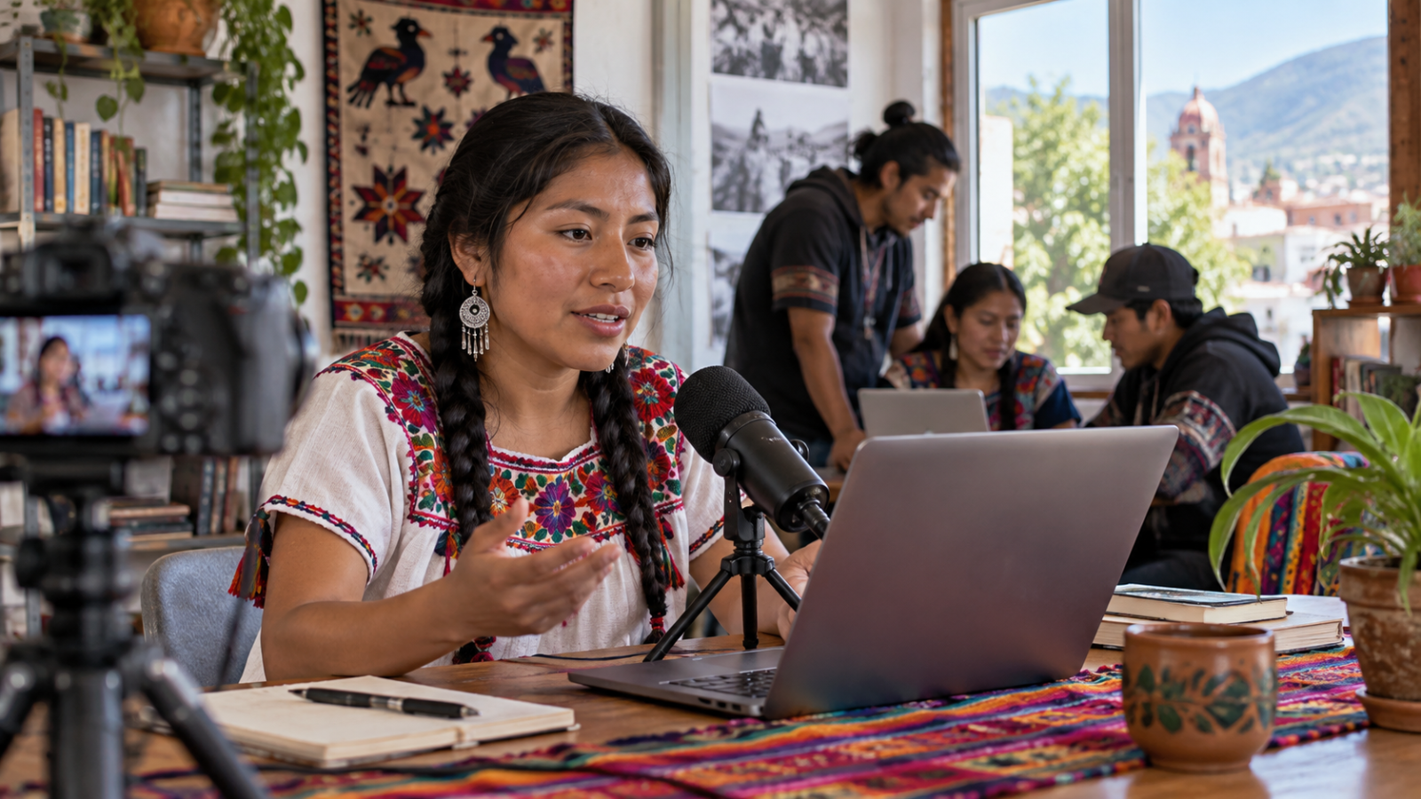 Artista pinta un mural comunitario mexicano mientras otras mujeres revisan bocetos y materiales.