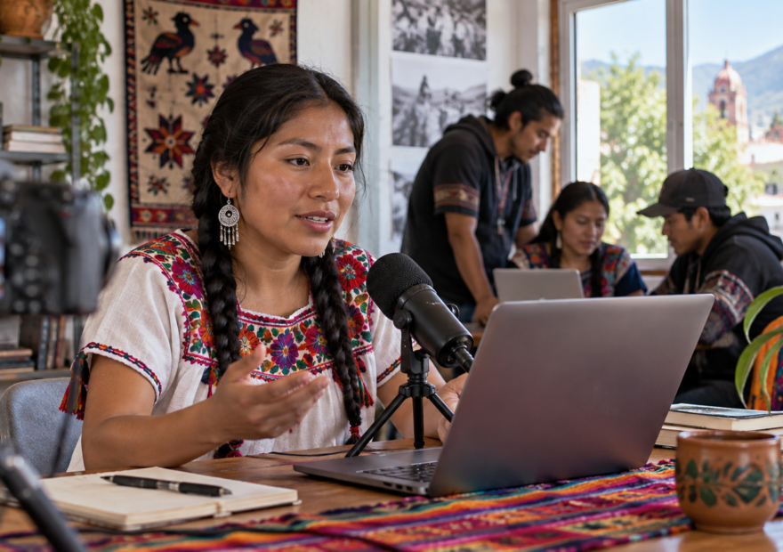 Artista pinta un mural comunitario mexicano mientras otras mujeres revisan bocetos y materiales.