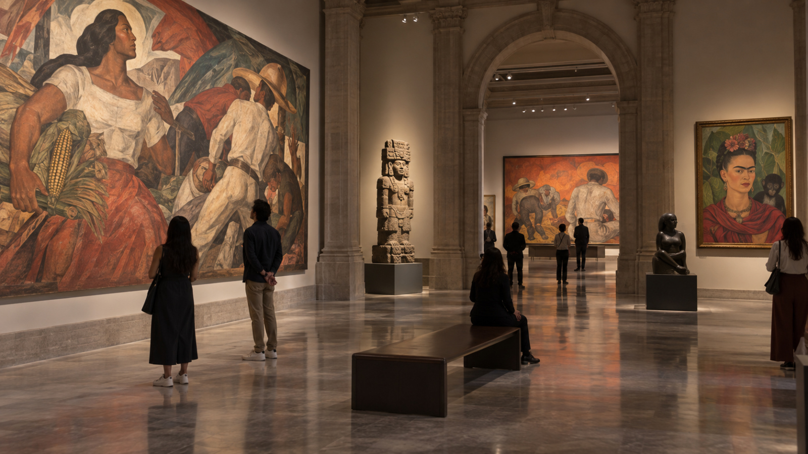 Visitantes frente a una exposición de historia y patrimonio mexicano