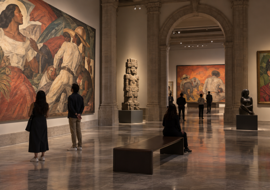 Visitantes frente a una exposición de historia y patrimonio mexicano