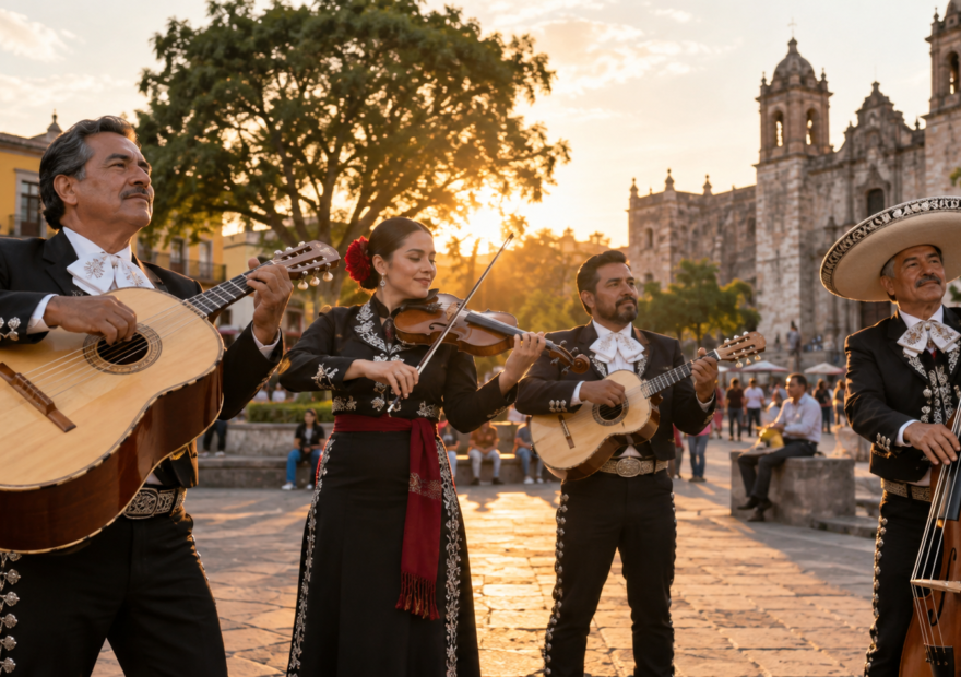 Músicos mexicanos tocando en una plaza comunitaria