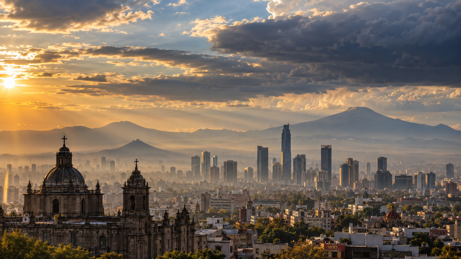 Cielo de la Ciudad de México al atardecer con tonos naranjas y azules