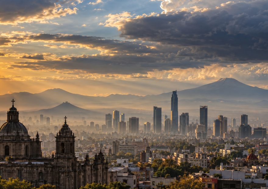 Cielo de la Ciudad de México al atardecer con tonos naranjas y azules
