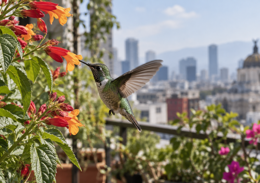 Colibrí alimentándose de flores en un jardín urbano de CDMX