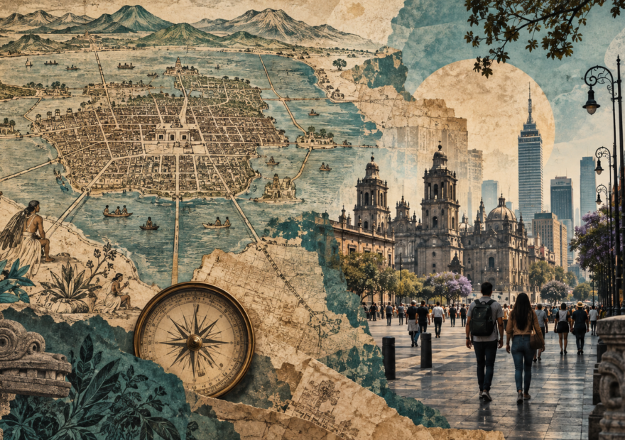 Mapa ilustrado de calles y capas de memoria urbana