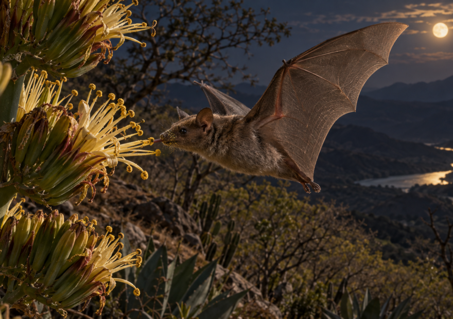 Murciélago nectarívoro visita la flor de un maguey durante la noche; ilustración conceptual.