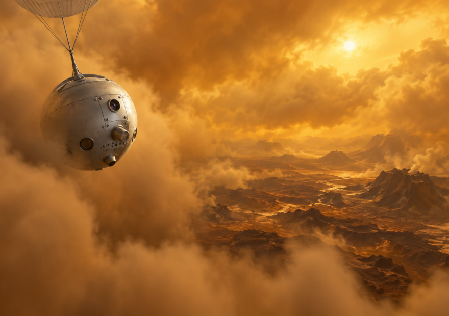 Ilustración generada con IA de una sonda descendiendo entre nubes de Venus; concepto de misión futura, no fotografía del ensayo DAVINCI.