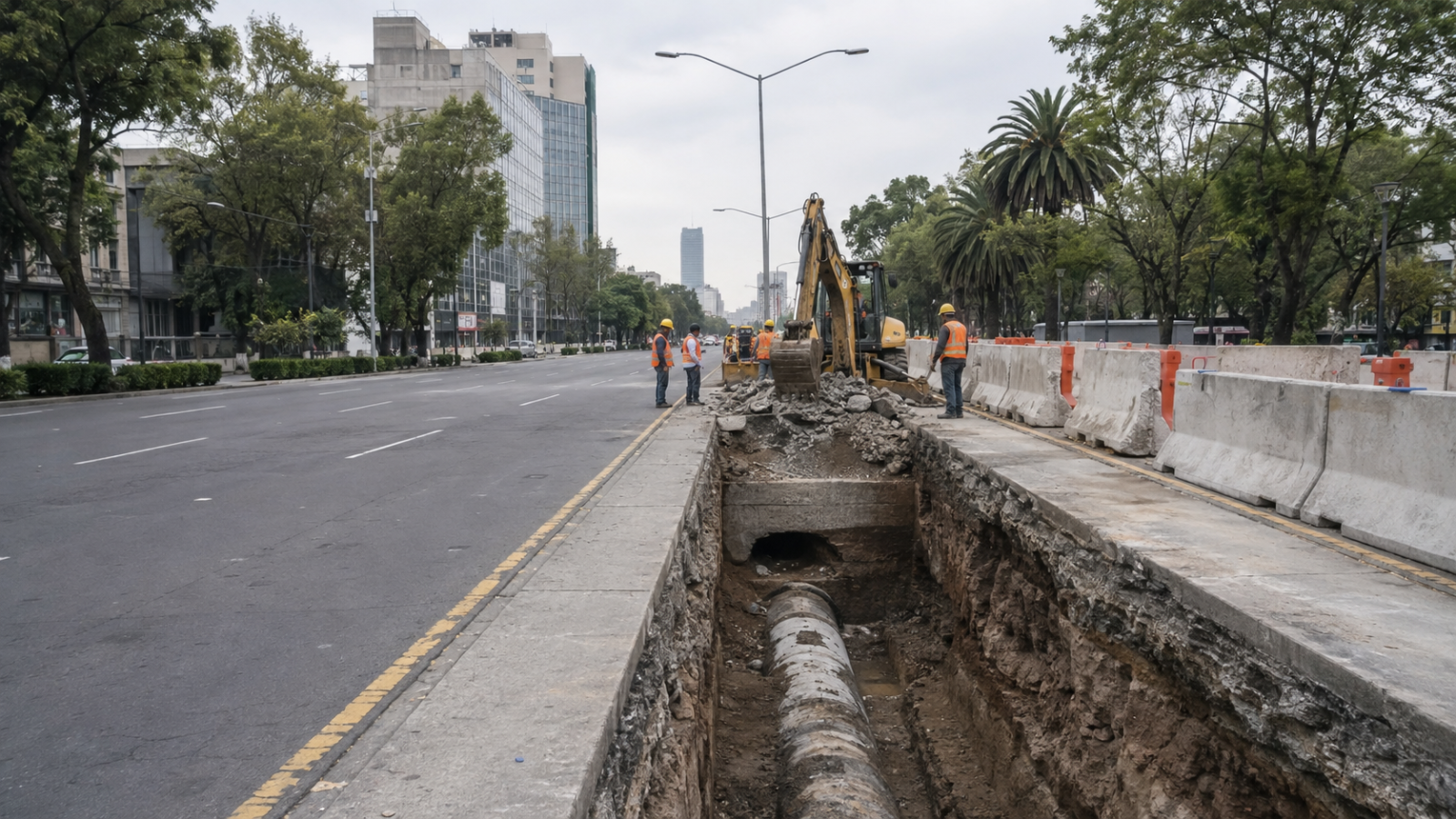 Trabajos de reparación de drenaje en una avenida urbana