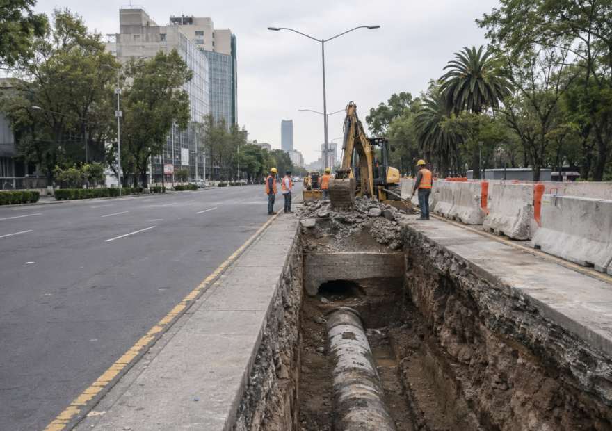 Trabajos de reparación de drenaje en una avenida urbana