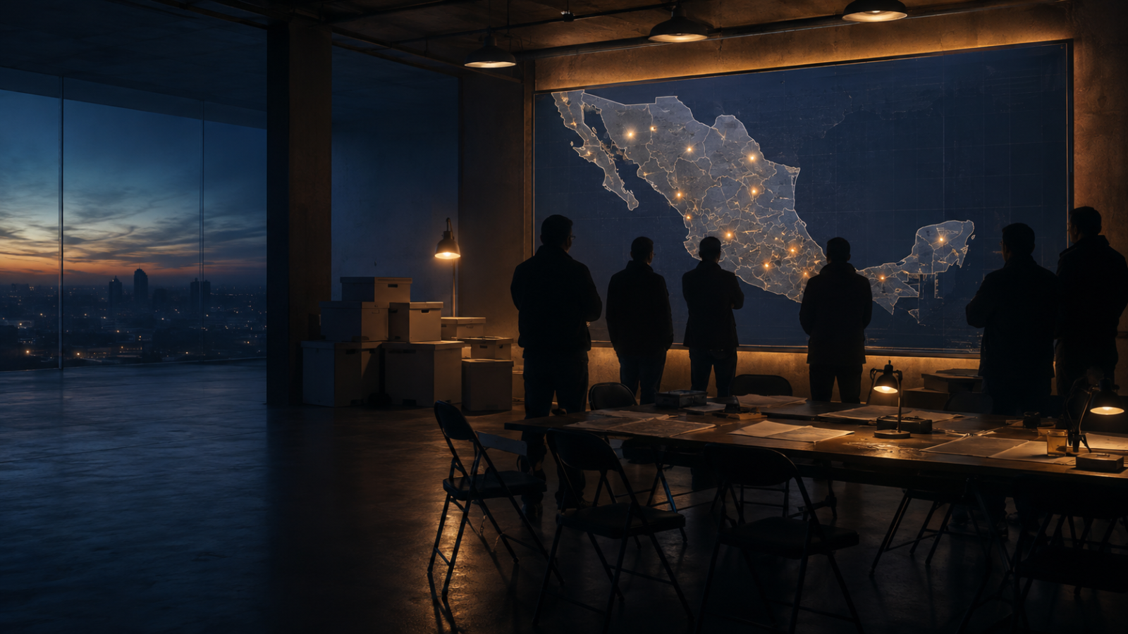 Sala de estrategia electoral con figuras en silueta frente a un mapa iluminado de México, imagen editorial sobre las elecciones de 2027.
